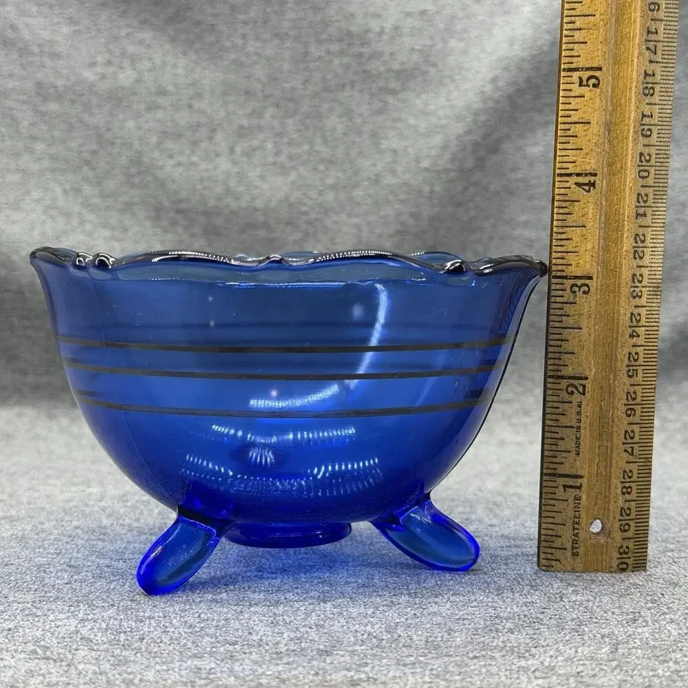 VTG Cobalt Blue Glass Candy Dish Bowl Mt Pleasant 3 Black Stripes 3 Toed READ